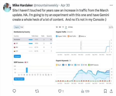 Post di Mike Hardaker su X relativo all'google update di marzo 2024