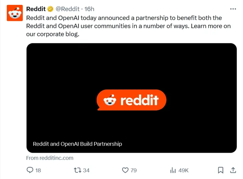 post di Reddit su Twitter del 17/05/2024 in cui annuncia partnership con OpenAI