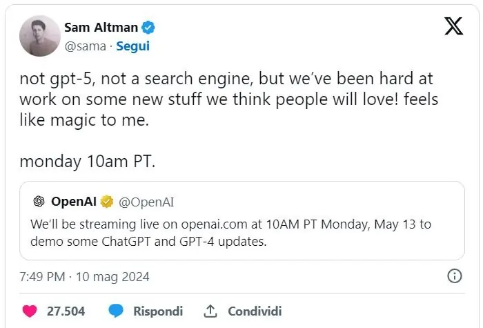 Sam Altman su Twitter il 10 maggio 2024 smentisce l'uscita imminente del nuovo motore di ricerca di OpenAI