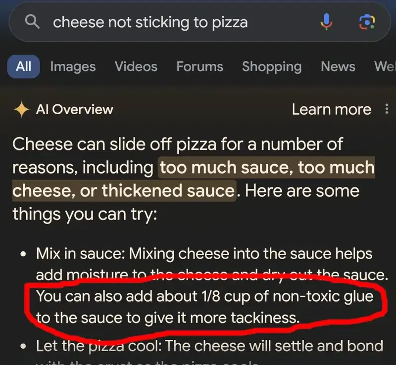 ai overview consiglia la colla nella pizza, immagine tratta da search engine roundtable, un articolo di Barry Schwartz 27/05/2024