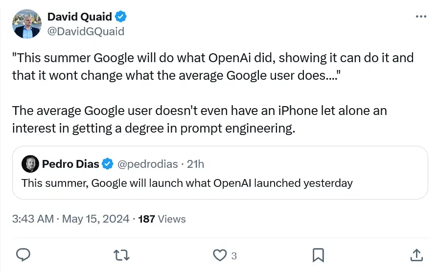 Tweet di David Quaid del 15 maggio sui timori e i problemi etici che aprono le innovazioni di Google sulle AI, Twitter