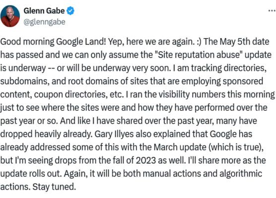 Post X di Glenn Gabe su Google e il suo update