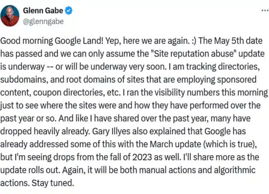 Post X di Glenn Gabe su Google e il suo update