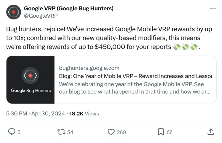 tweet del 30/04/2024 con cui google promette ricompense fino a 450.000 dollari per i bug hunter | Roberto Serra