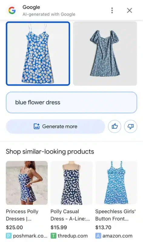 immagini di vestiti comparative generate da AI su Google, con comparazioni di prezzo, per vestiti simili