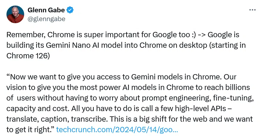 Tweet di Glenn Gabe del 14/05/2024 sulle innovazioni che riguardano Gemini e AI di Google, Twitter 