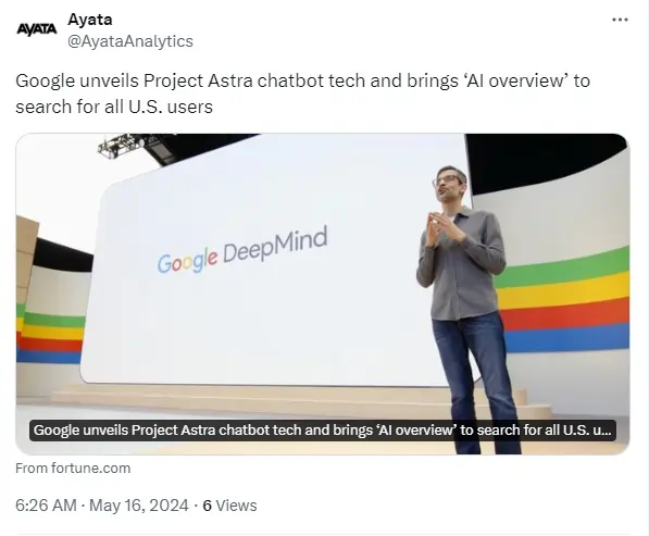 Ayata riporta l'annuncio di Google sulle AI Overview in USA, 16/05/2024, Twitter
