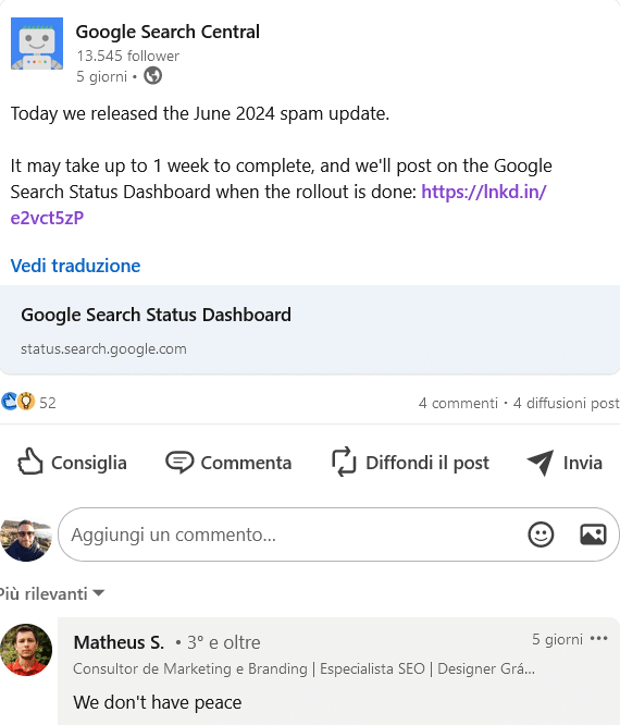 Google Search Central comunica l'aggiornamento di Giugno 2024 su LinkedIn il 20 Giugno 2024