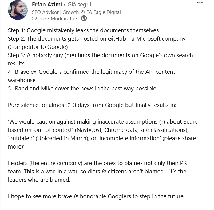 post di Erfan Azimi su LinkedIn in cui parla del Google Leak del 3 Giugno 2024