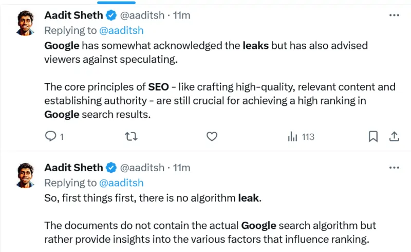 Aadit Sheth esperto SEO su Twitter ridimensiona lo scandalo google leak 3 giugno 2024