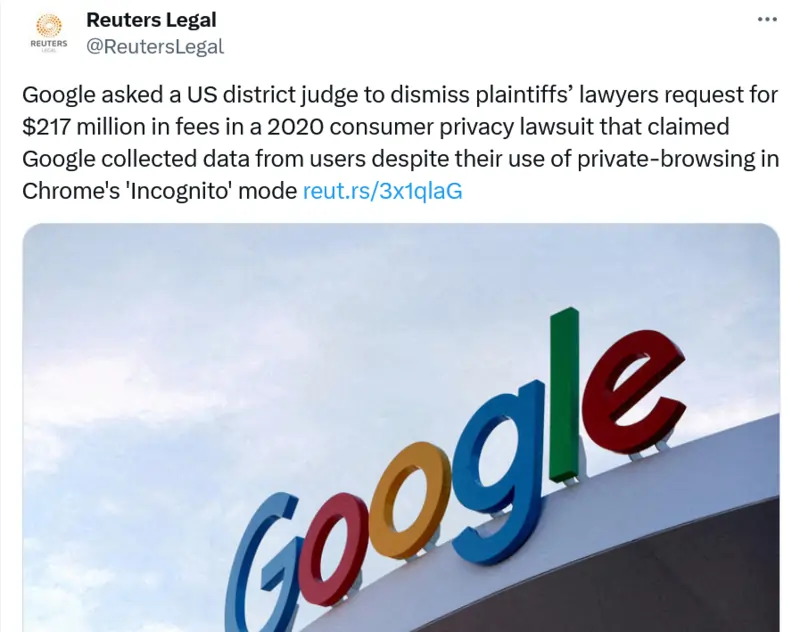 Reuters Legal su Twitter comunica gli sviluppi del processo contro Google riguardo Chrome e la incognito mode 10 Giugno 2024