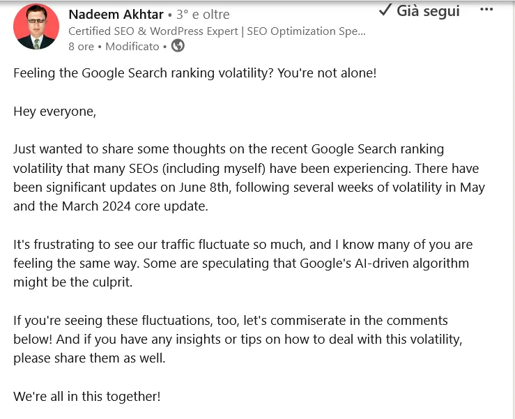 Nadeem Akhtar commenta criticamente su LinkedIn Sullivan di Google sulla volatilità di Giugno , 12 Giugno 2024