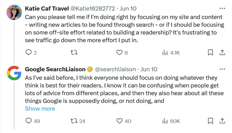 critiche degli utenti a Google Search Liaison su Twitter il 10 Giugno 2024