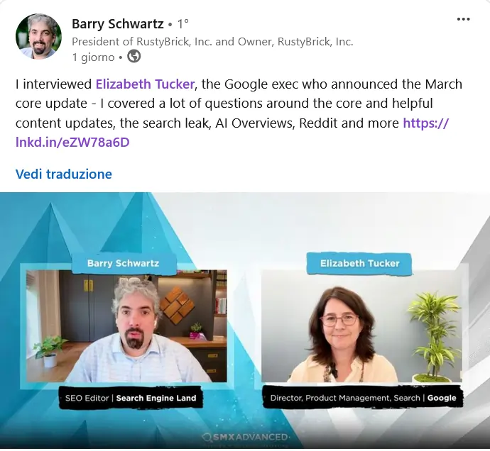 Barry Schwartz annuncia su LinkedIn la sua intervista a Elizabeth Ticker su Search Engine Land 13 Giugno 2024