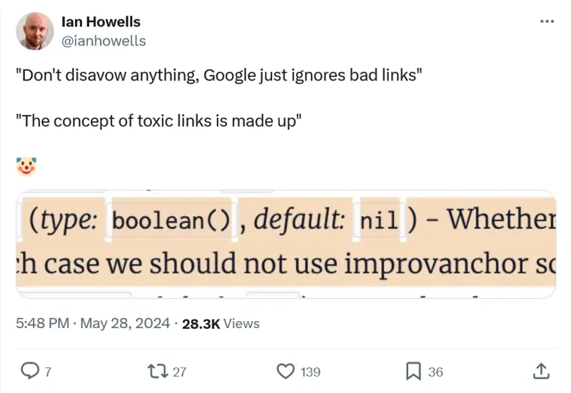 Ian Howells su twitter contro i toxic links e comunicazione Google 28 Maggio 2024