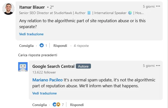 Google Search central risponde sul reputaion abuse a Itamar Blauer su LinkedIn il 21 Giugno 2024