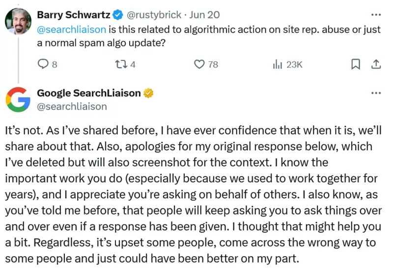 Danny Sullivan con l'account di Google risponde a Barry Schwartz sul reputation abuse su Twitter il 20 Giugno 2024