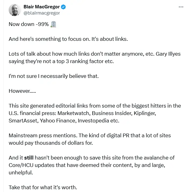 Blair Mac Gregor, utente twitter e esperto SEO commenta polemicamente affermazioni Google dopo aggiornamento 2024 Twitter 25 Giugno 2024