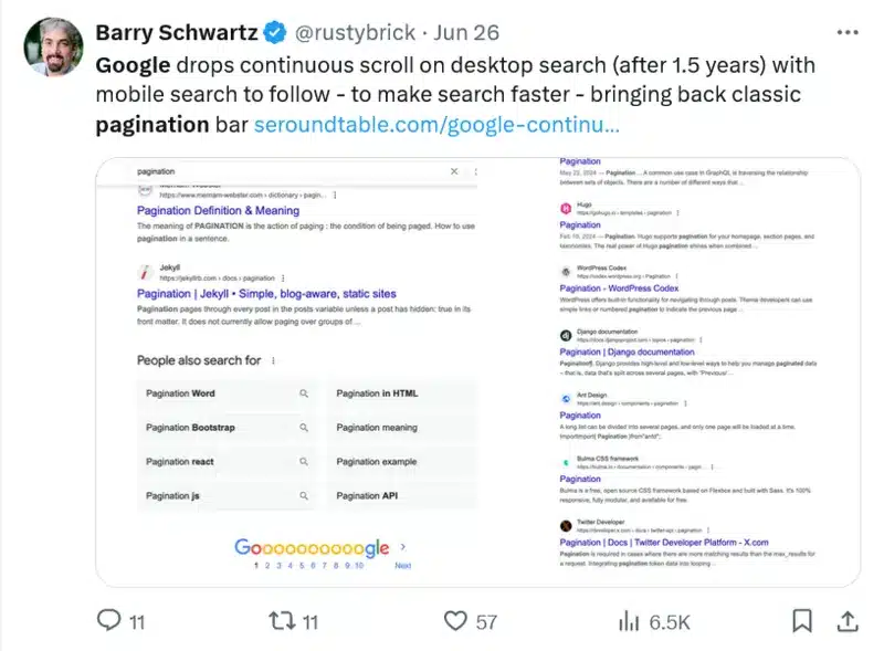 Barry Schwartz su Twitter commenta il ritorno della pagination bar 26 Giugno 2024