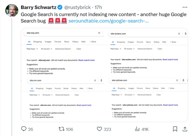 Barry Schwartz su X sul bug di Google Search 9 luglio 2024 esempi su grandi testate di informazione