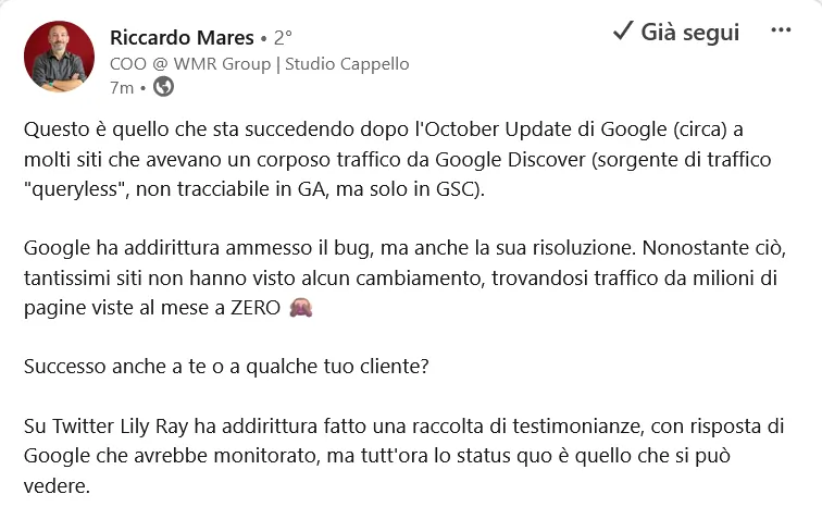 Rccardo Mares su LinkedIn sul bug ottobre 2023