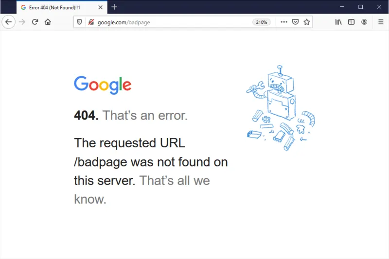 Immagine esemplificativa di 404 file not found Google