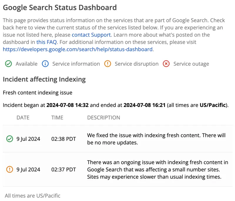 Rapporto di Google sul bug la risoluzione del problema, fonte Google dashboard 9 luglio 2024