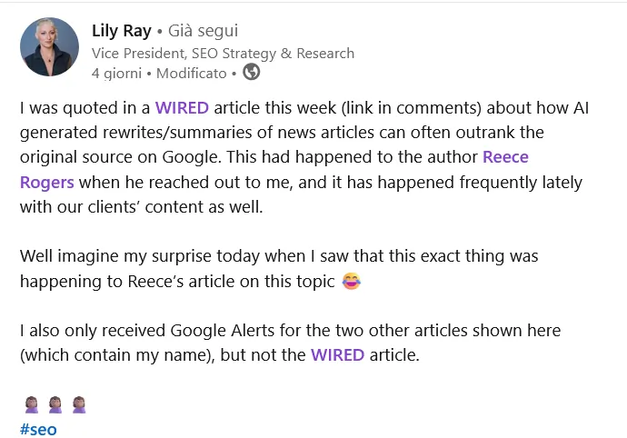 Screen shot postato da Lily Ray su LinkedIn sull'articolo di Wired ripreso da IA spam 4 luglio 2024