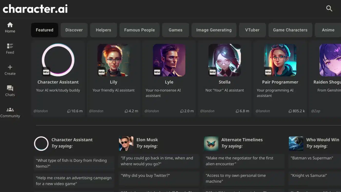 character.ai screenshot esemplificativo home