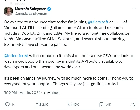 mustafa suleyman annuncia acquisizione microsoft su X 19 marco 2024