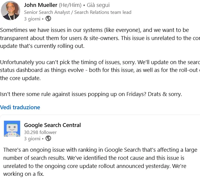 John Mueller su LinkedIn 16 agosto 2024 sull'update di agosto 2024