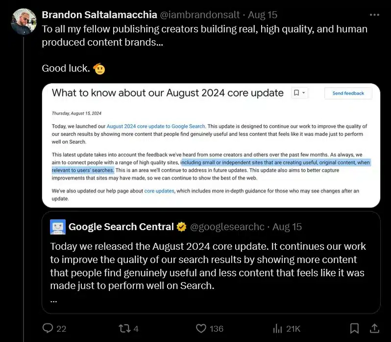 brandon saltalamacchia su X ironico sulle risposte di google conseguenze update core 2024 agosto 15