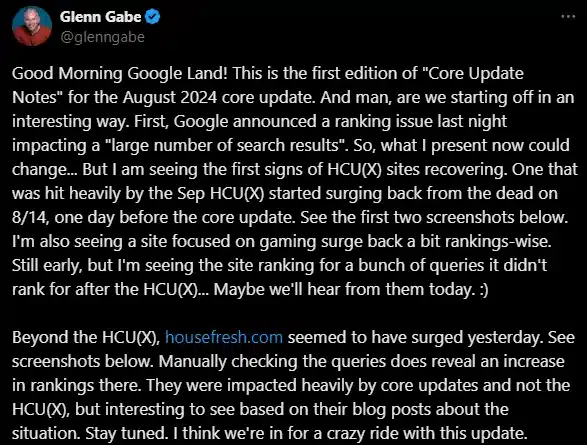 Glenn Gabe preoccupato per core update agosto 2024 fonte X 16 agosto 2024