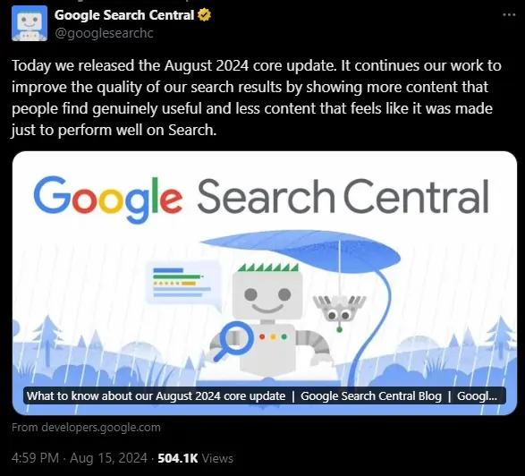 annuncio google core update su X 15 agosto 2024