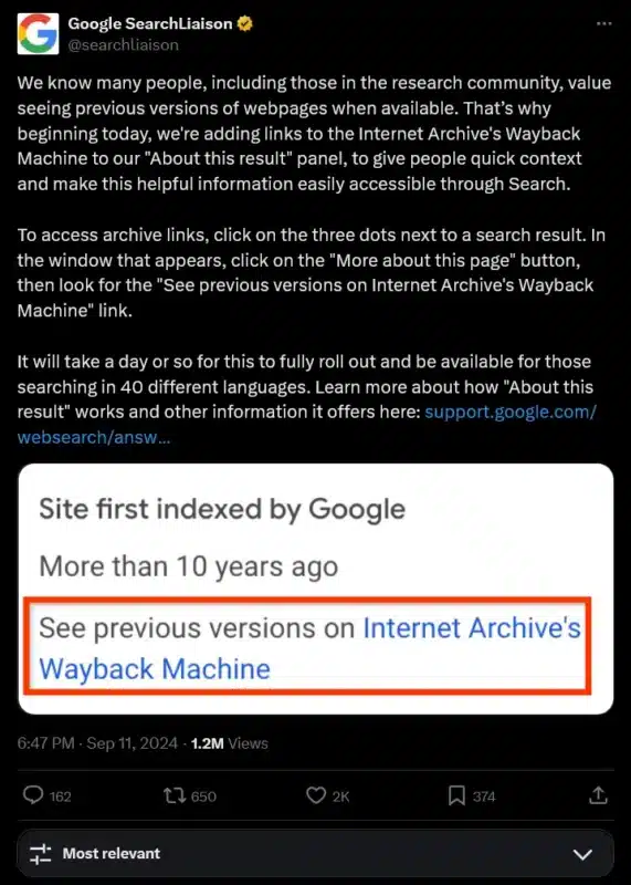 Google su X 11 settembre 2024 su Internet Archive in Search e "about this result"