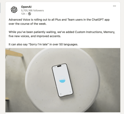 post linkedin relativo al rolluout del nuovo voice mode di openai