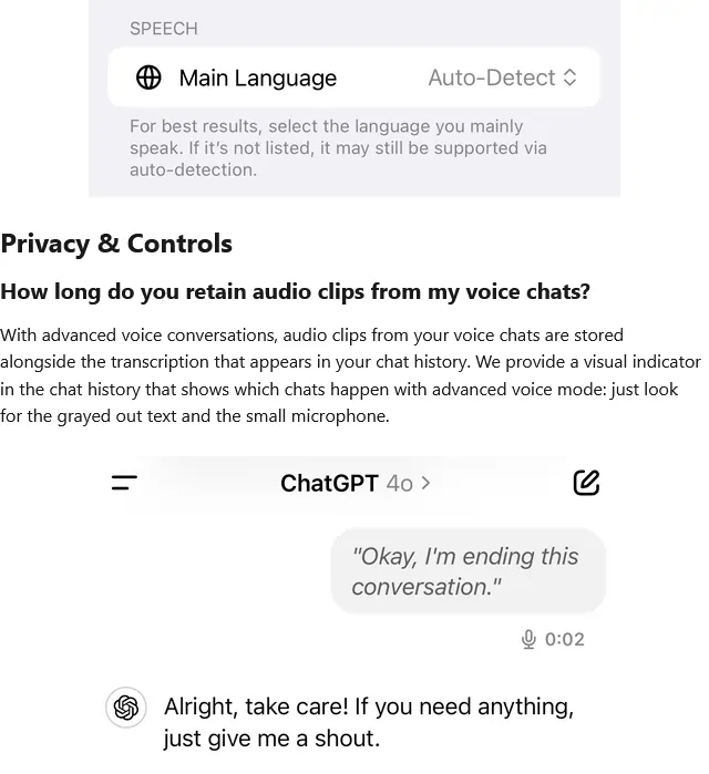 Esempio Nuova modalità vocale ChatGPT fonte OpenAI Privacy e Controls