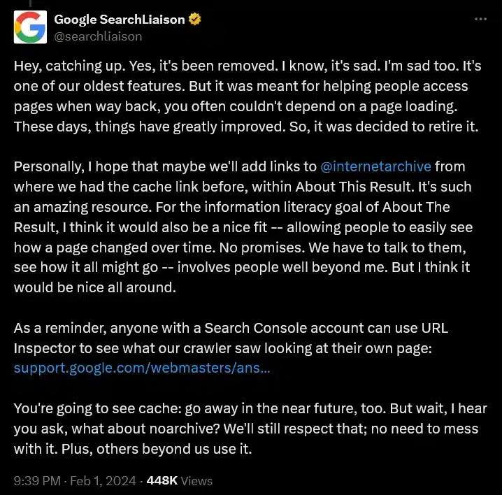 Google Search su X annuncia la fine di cache 1 febbraio 2024