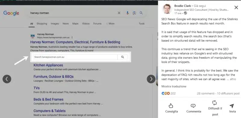 Brodie Clark su LinkedIn a proposito della fine di sitelinks searchbox 22 ottobre 2024
