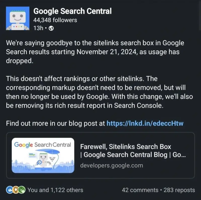 Google comunica su X addio a sitelinks search box 22 ottobre 2024