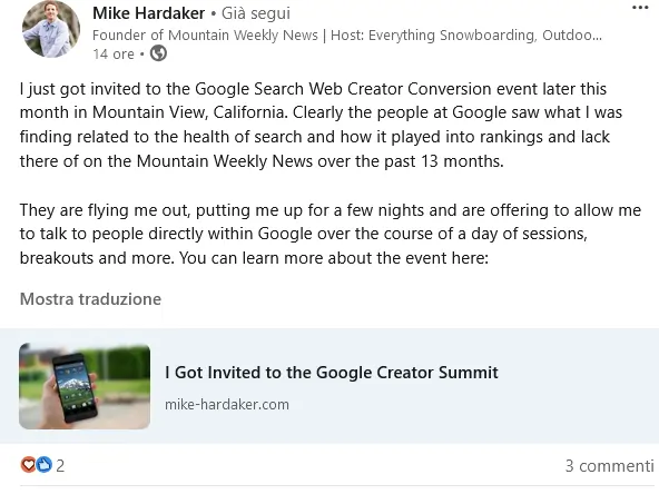 Mike Hardaker su LinkedIn 8 ottobre 2024