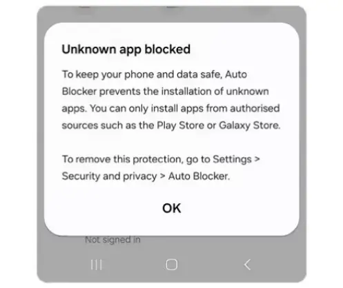 app bloccata da Auto Blocker su smartphone Samsung esempio