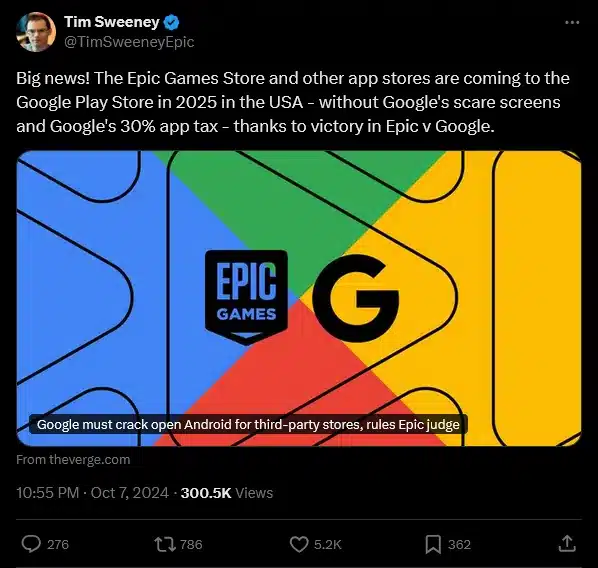 Tim Sweeney su X celebra vittoria epic games vs google 7 ottobre 2024