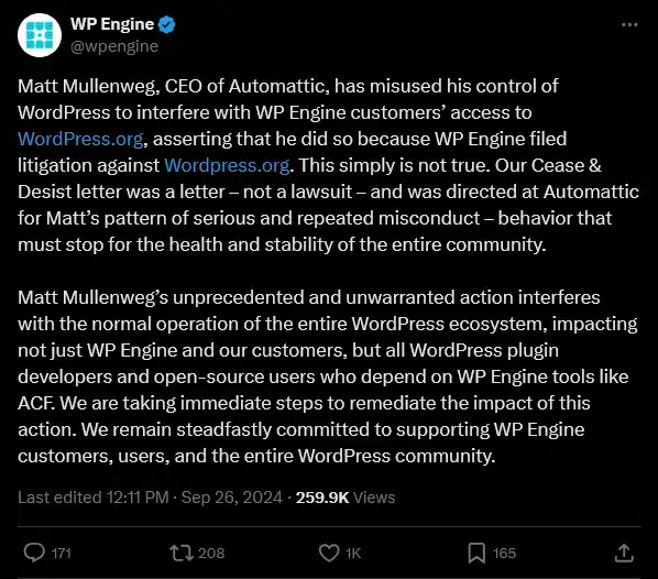 WP Engine VS Mullenweg su X 26 settembre 2024