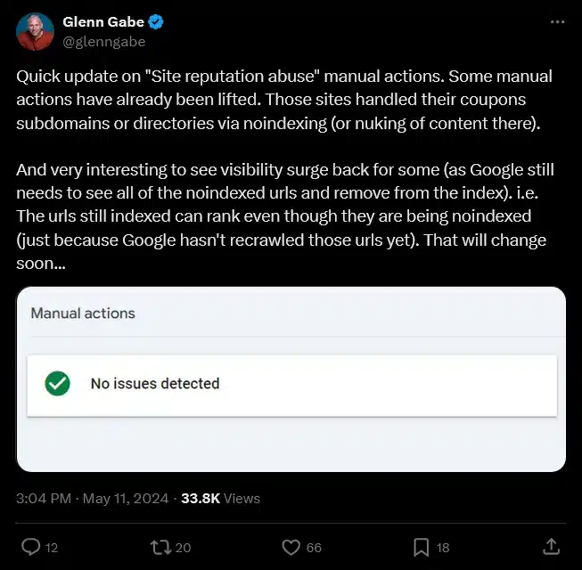 Glenn Gabe azioni manuali Google per abuso reputazione su X 11 maggio 2024
