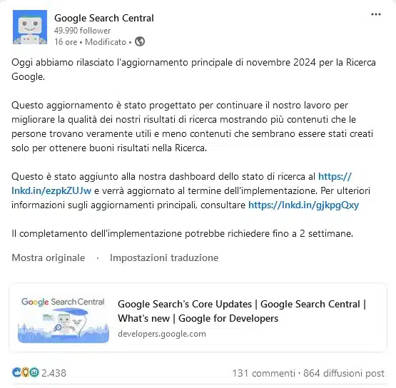 Google annuncia update novembre 2024 su LinkedIn 11 novembre 2024