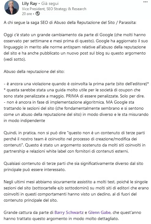 Lily Ray su LinkedIn about abuso reputazione siti 19 novembre 2024