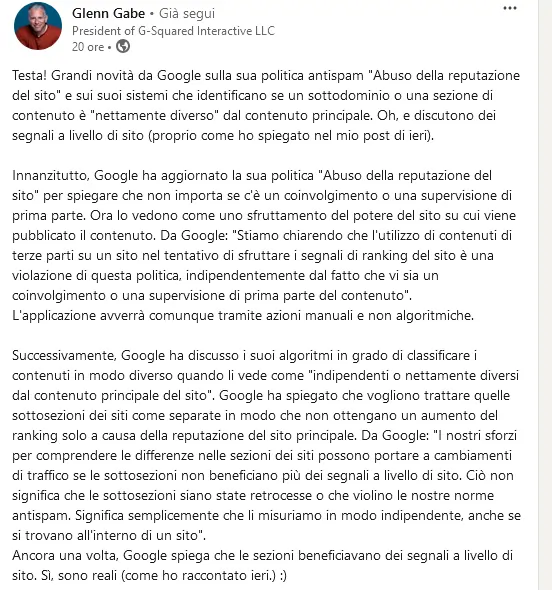 Glenn Gabe su LinkedIn 19 novembre 2024 su abuso reputazione siti