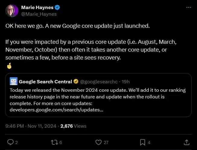 Marie Haynes su X commenta update novembre 2024 11 novembre 2024