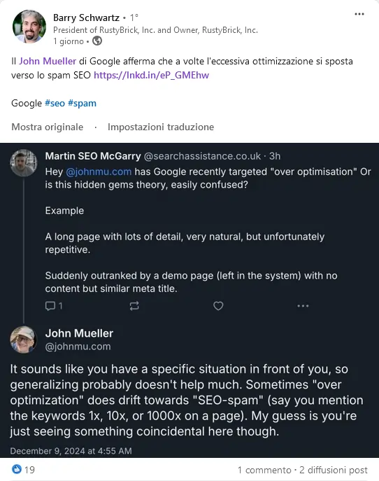 Barry Schwarts su LinkedIn posta quanto detto da John Mueller sulla over optimization 10 dicembre 2024
